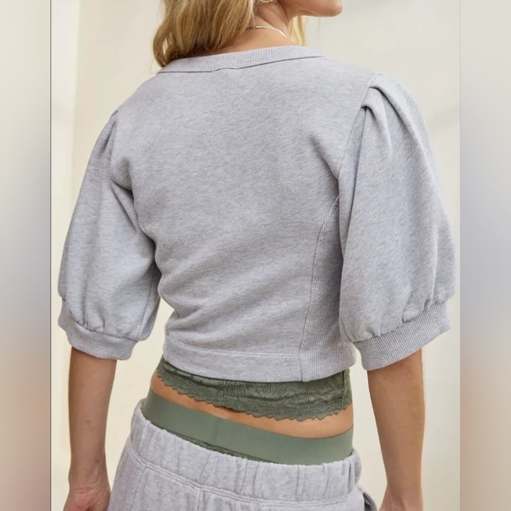 Aerie Heather Grey French Terry Scoop Neck Puff Sleeve Cropped Sweatshirt LG - Picture 4 of 10